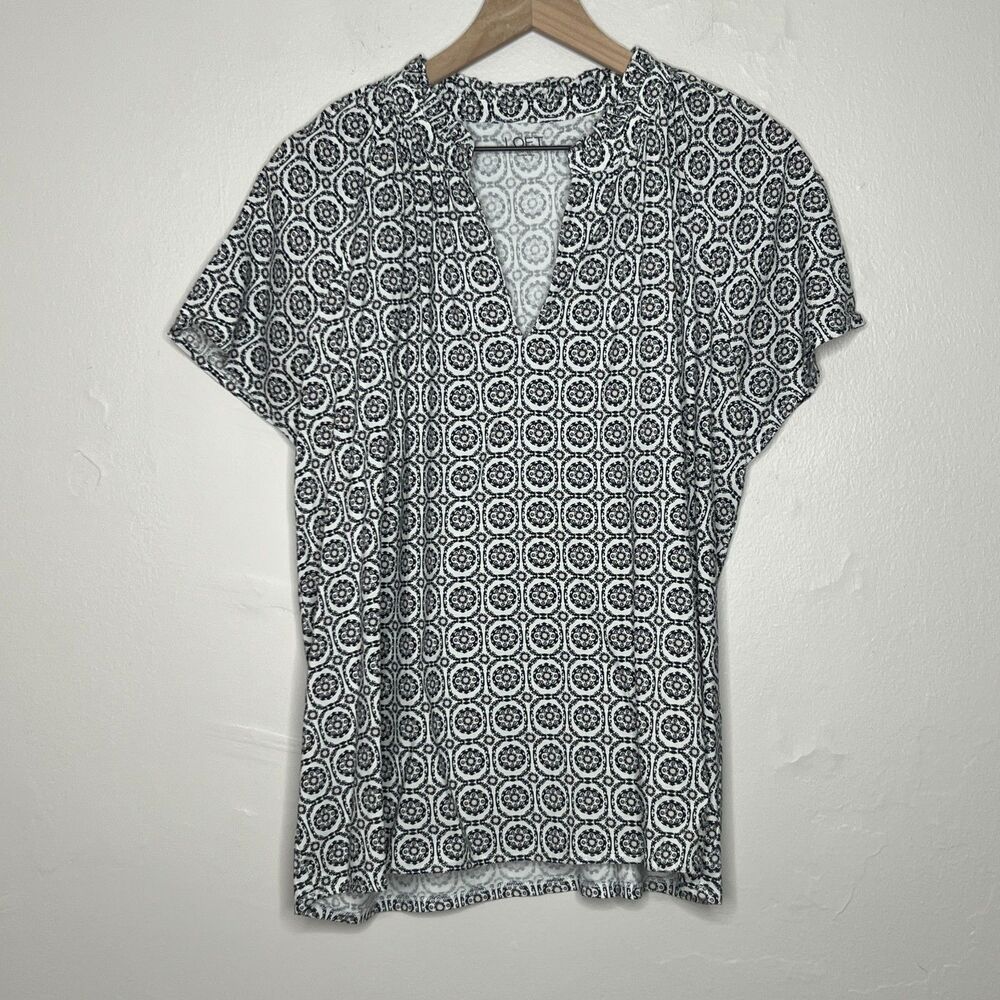 LOFT Outlet Womens Peasant Top XL Black White Geometric Shirt Boho Popover